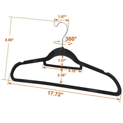 Velvet Flocked Hangers 100 Pack Non Slip Black Clothes Suit Hangers Hook Swivel 360 Ultra Thin(100Pcs, Black, Velvet)